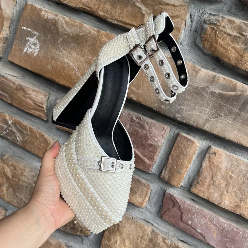 2024 Handmade Beaded 14cm Thick Heel Pointed Sandals 35-41 High Heel Waterproof Platform Woman Shoes Wedding Dress Luxury Pearl