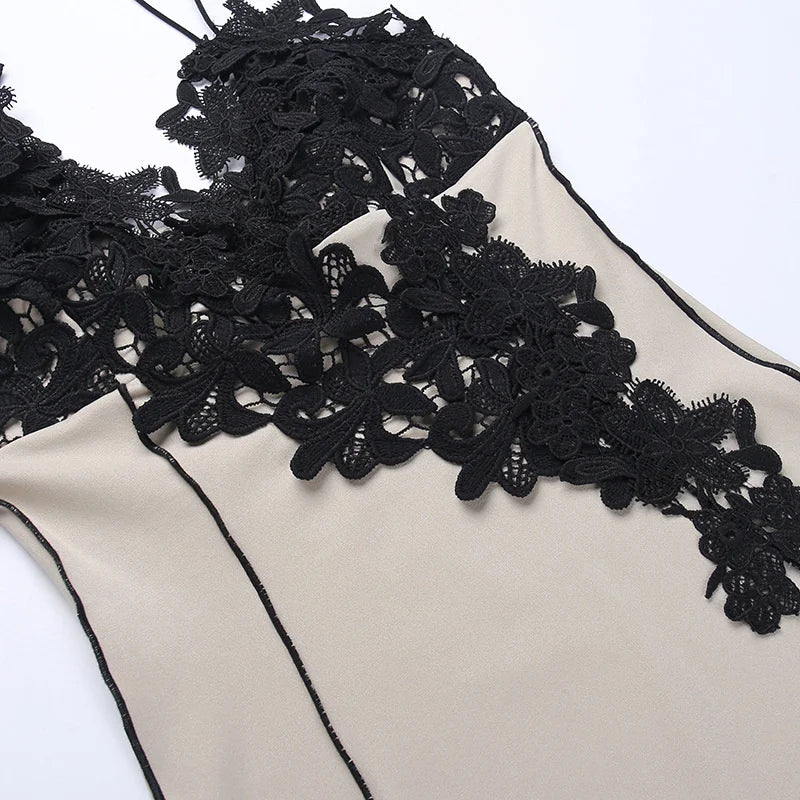 Mozision Lace High Split Sexy Midi Dress For Women Robe 2023 New Spaghetti Strap Sleeveless Deep V Neck Party Long Dress Vestido