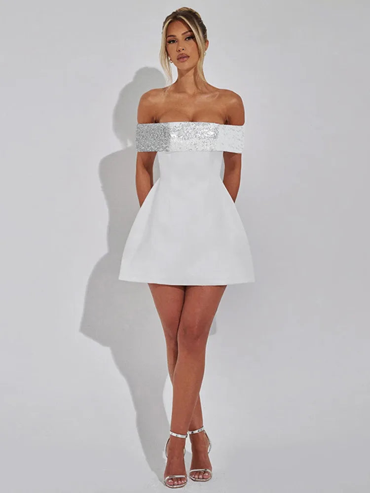 Mozision Off-shoulder Sequins Strapless Sexy Mini Dress Women Fashion Sleeveless Backless Sparkle High Waist Club Sexy Dress