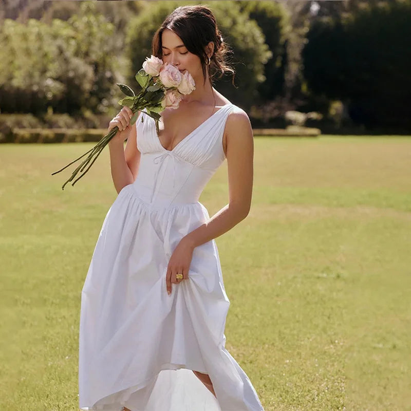 NIDANSSI White Pleated Lace Up Backless Holiday Casual Dress Women Elegant Sexy Dress Bodycon Midi Long Summer Dress Vestidos