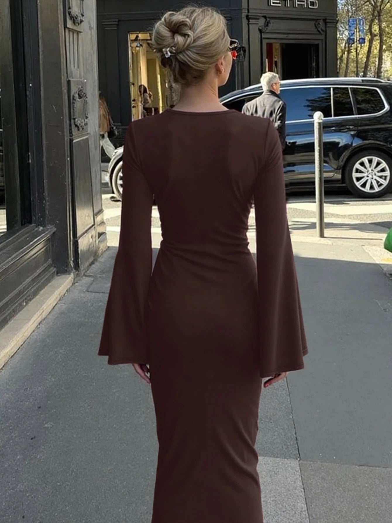 Dulzura Autumn Fashion Elegant O-Neck Long Flare Sleeve Ruched Slim Fit Ribbon Long Dress Women'S Solid Casual Party Club Outfit