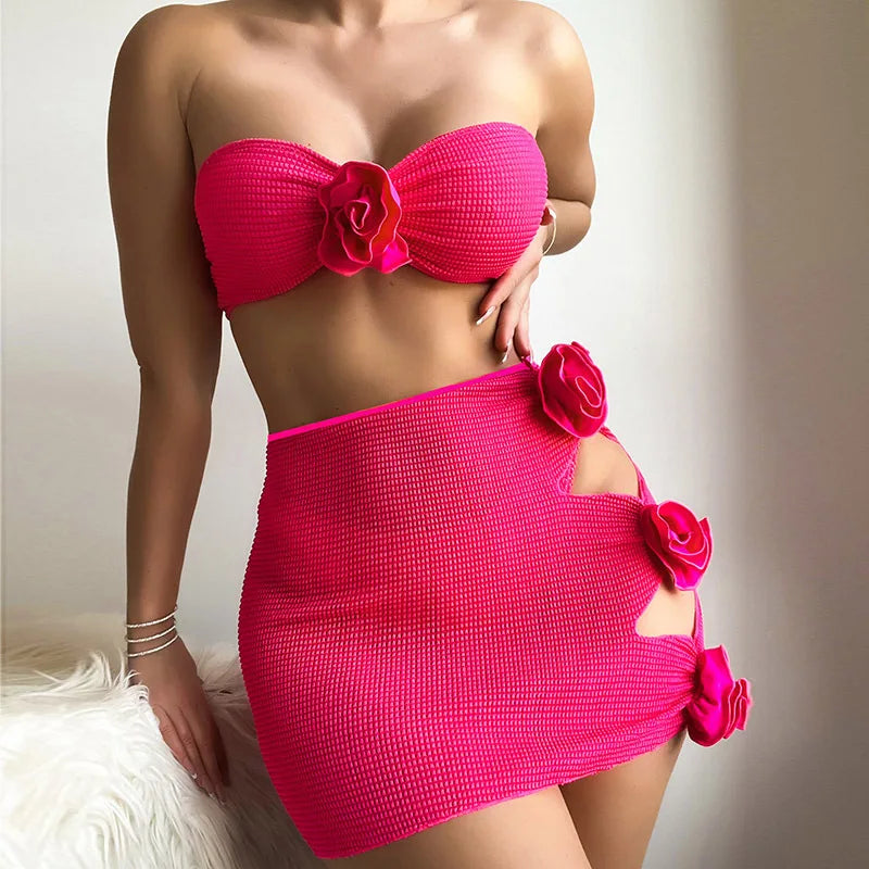Rose Red 3D Flower Bandeau Bikinis Sets 2025 Sexy Swimsuit Cover Ups Women Skirts Swimwear 3 Piece Bikini Set Beachwear Bather