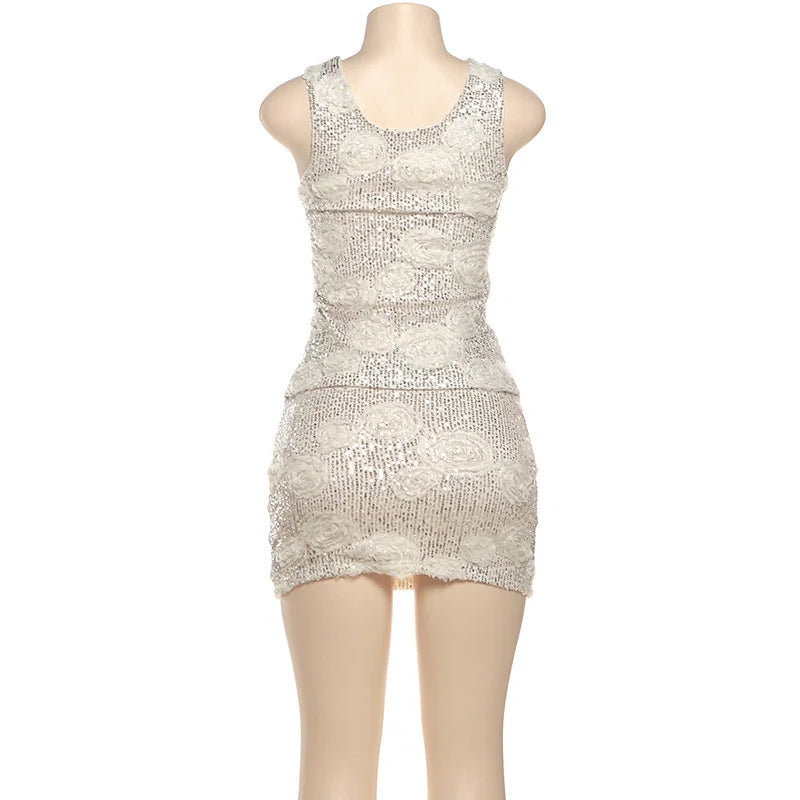 Mozision Sparkle Sexy Two Piece Set Women Elegant Square Collar Sleeveless Tank Top And Mini Skirt Matching Sets Club Dress Set