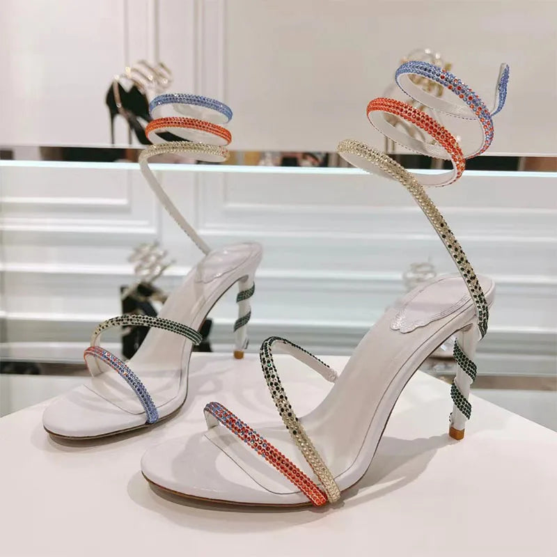 Luxury High Heels Sandals Woman Rhinestone Snake Twine Around Ankle Strap Wedding Shoes Stiletto Summer Gladiator Sandals Women