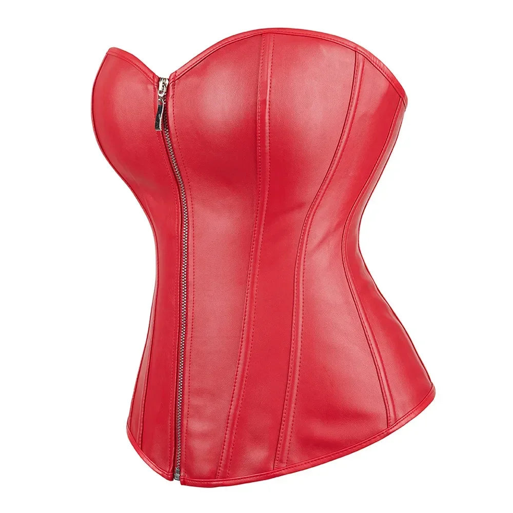 Red Black PU Leather Bustier Tops Zipper Steampunk Corset  Korset Overbust Body Shaper Women Sexy Basque