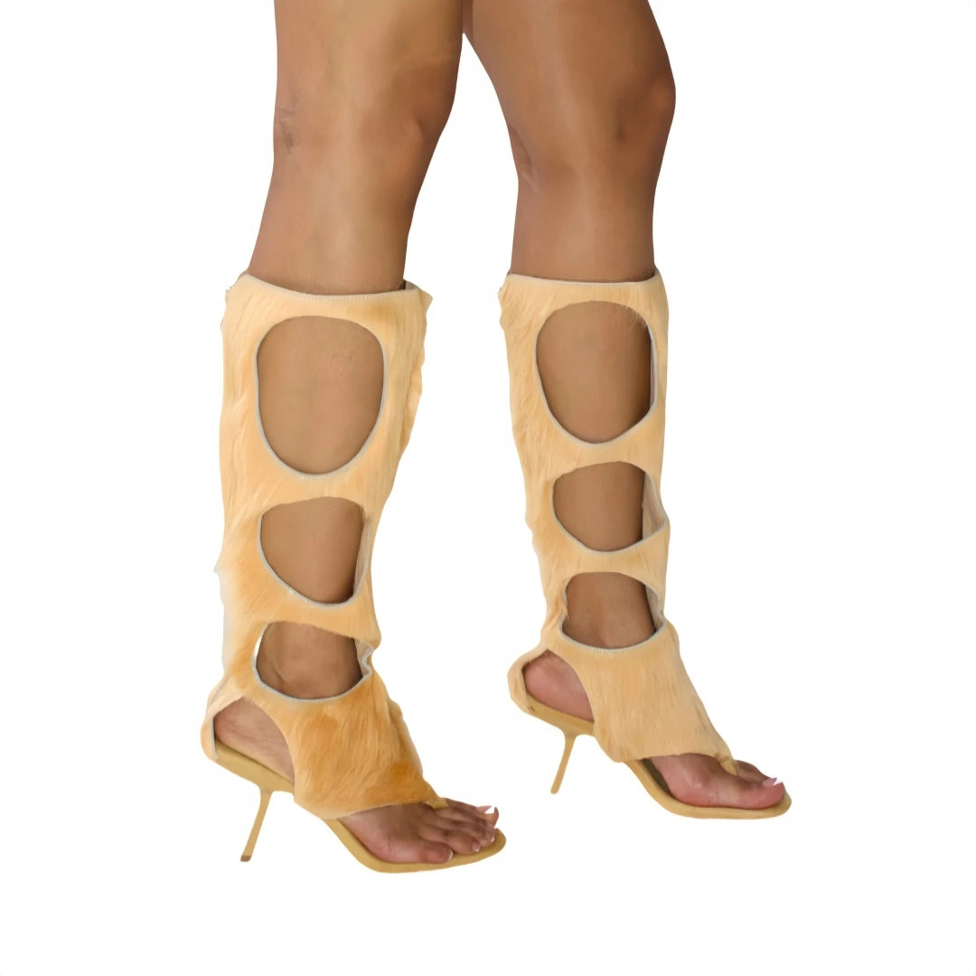 Luxury Cut-Out Knee-High Boots - Genuine Horsehair Leather Stiletto Heels with Rear Zipper | European Fashion Women's Shoes